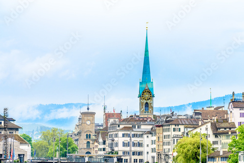 View of historic Zurich city center on a cloudy day in summer, Canton of Zurich, Switzerland.