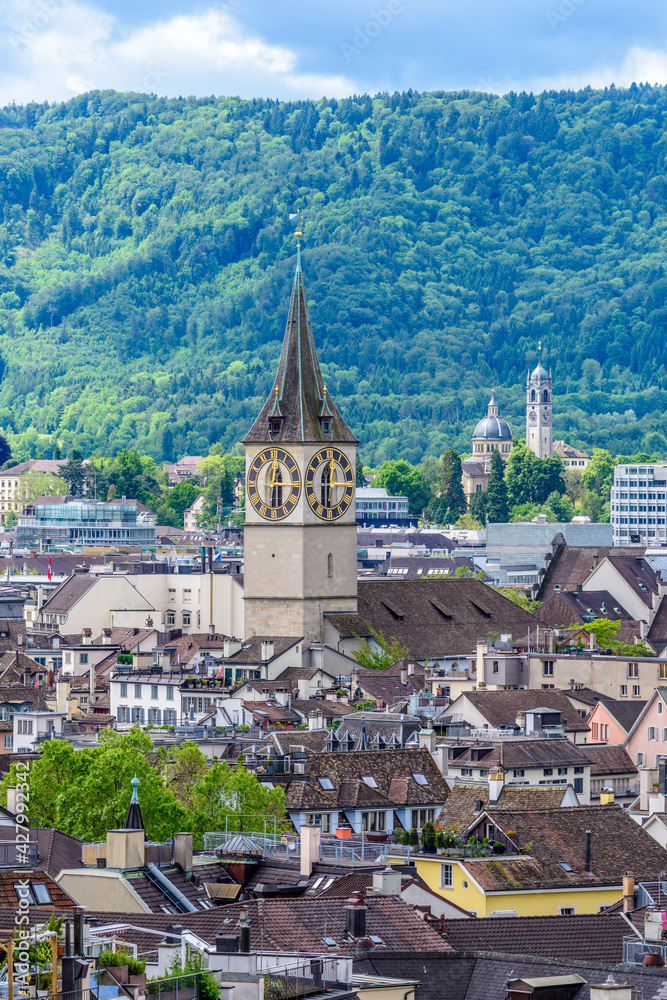 View of historic Zurich city center  on a cloudy day in summer, Canton of Zurich, Switzerland.
