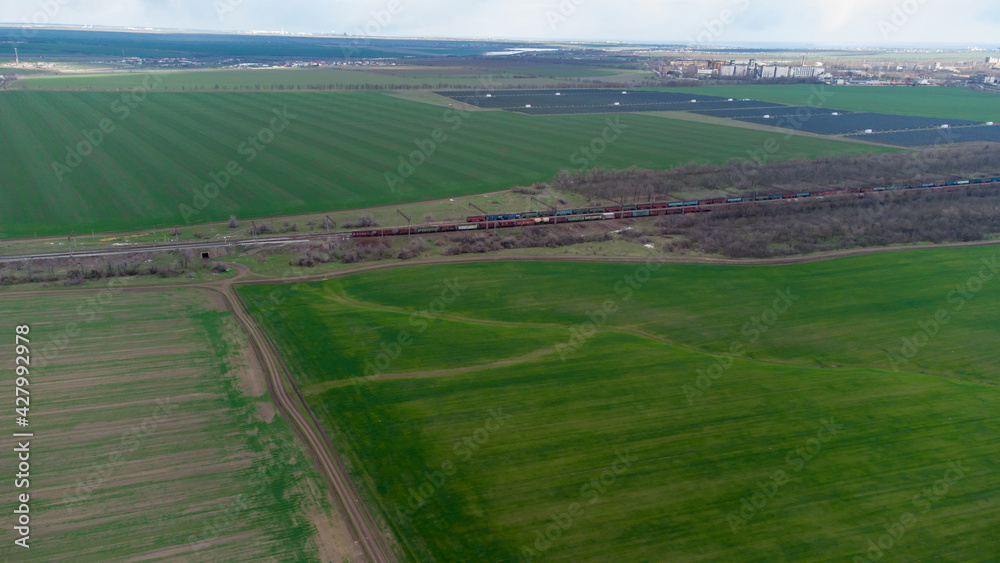 Railway station and trains top view. Photo from a helicopter.