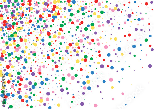 Multicolored Confetti Splash Texture. Round Side Background. Orange Colorful Dot. Blue Circular Circle Illustration.