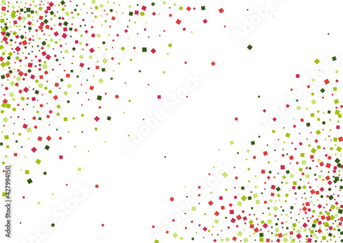 Square Red Falling Frame. Isolated Geometric Texture. Green Tiny Dot Mosaic. Rhombus Element Wallpaper.