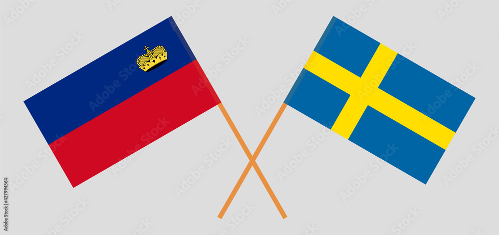 Crossed flags of Liechtenstein and Sweden. Official colors. Correct proportion