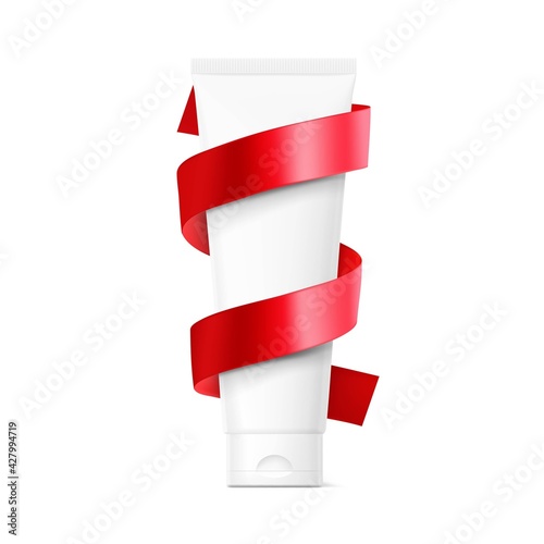 Blank plastic tube mockup with ribbon. Front view. Vector illustration isolated on white background. Can be use for your design, advertising, promo and etc. EPS10.	