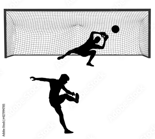 Soccer player kick ball, takes the penalty against goalkeeper vector silhouette isolated on white background. Goal net construction. Football goal keeper against shot. Defender sportsman keep goal.