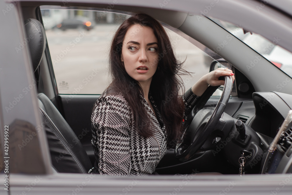 portrait of attractive fabulous brunette woman wearing checkered dress in a lux car. lady in automobile.