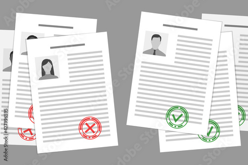 Job resumes marked with stamps of approval and refusal
