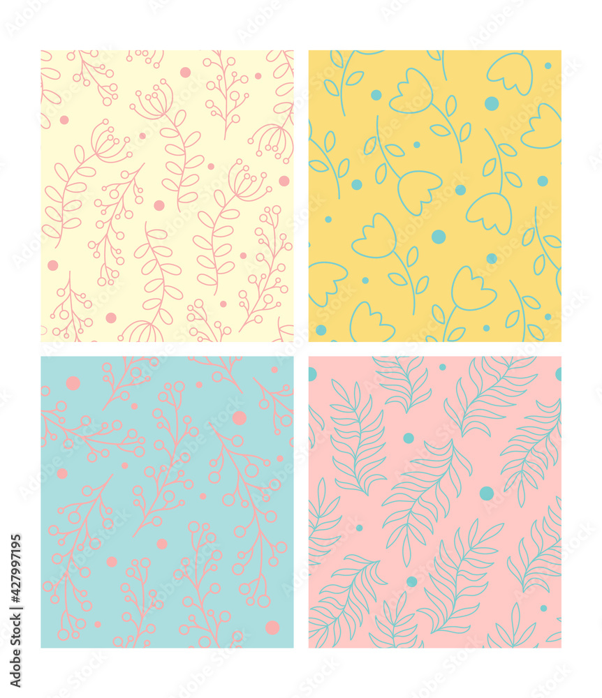 Trendy seamless patterns set. Abstract and floral design. For fashion fabrics, kid s clothes, home decor, quilting, cards and templates, scrapbooking etc. Vector illustration
