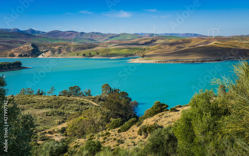View on the turquoise water of the Guadalhorce and Guadalteba Reservoirs, two artificial lakes in the andalusian backcountry in Spain © Pernelle Voyage