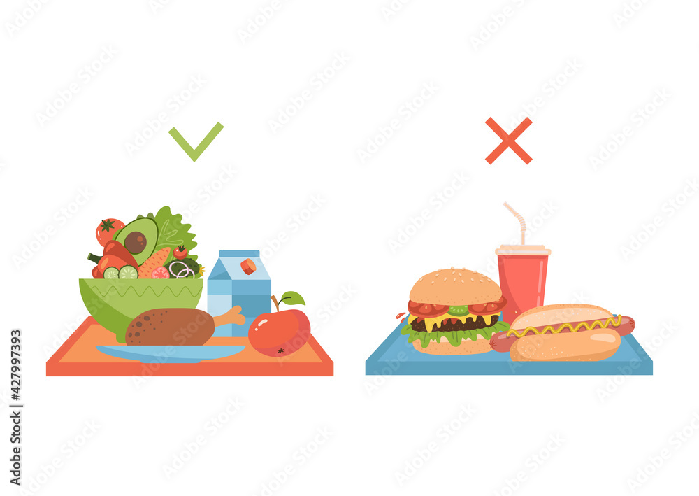 Set of two trays with healthy and unhealty food. Choice between different dishes. Fast food vs good lunch. flat vector illustration