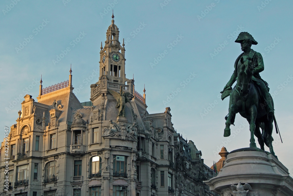 Monument to Pedro IV in the Liberdade Square. The famous statue in front of the town hall of the city of Porto, Portugal.