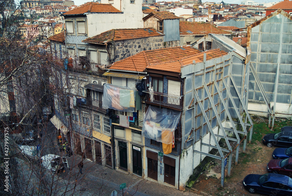 Old mansion held up by a steel structure. Support for collapsing houses.
Old buildings in the center of Porto, Portugal.