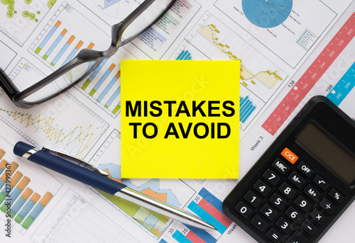 Sticker with text Mistakes To Avoid with, glasses, pen and calculator