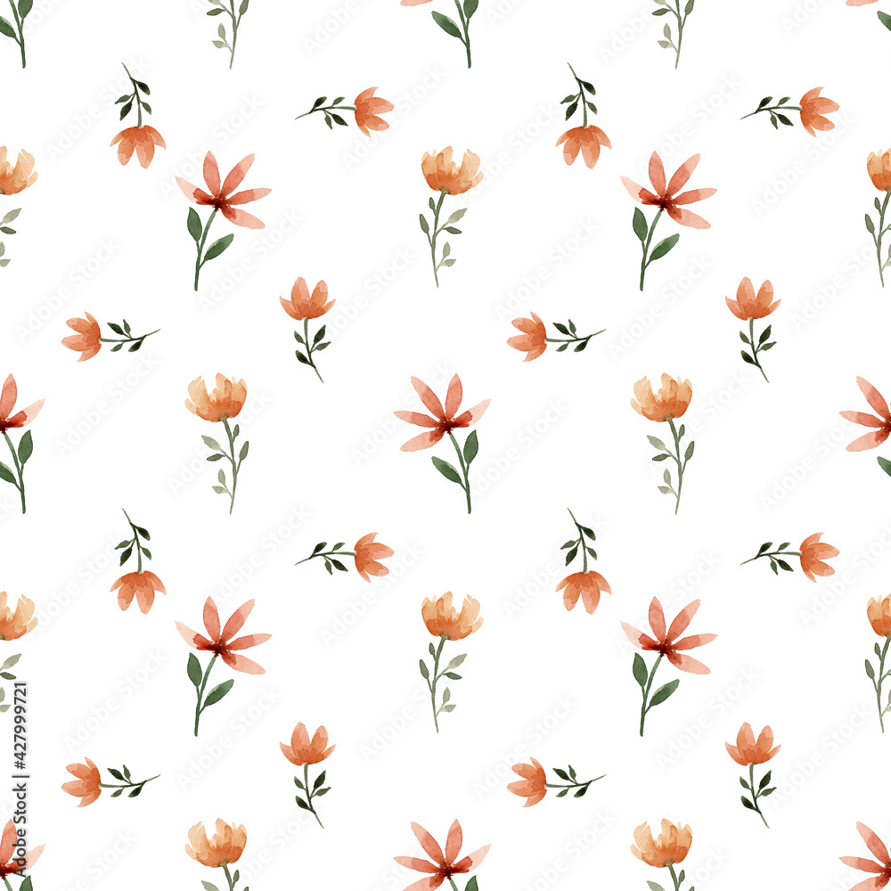 Fototapeta premium Watercolor delicate pattern from botanical sketches in warm and sunny colors, a pattern of flowers with green leaves on a white background