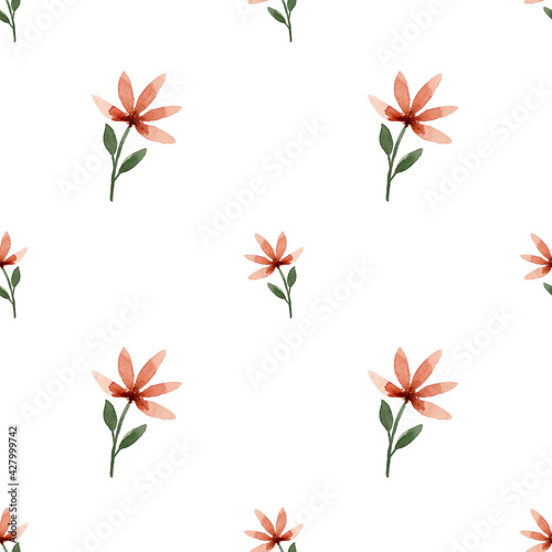 Watercolor pattern, spring floral pattern with flowers in warm orange tones on a white background, pattern for various uses for fabric, clothing, paper, etc.
