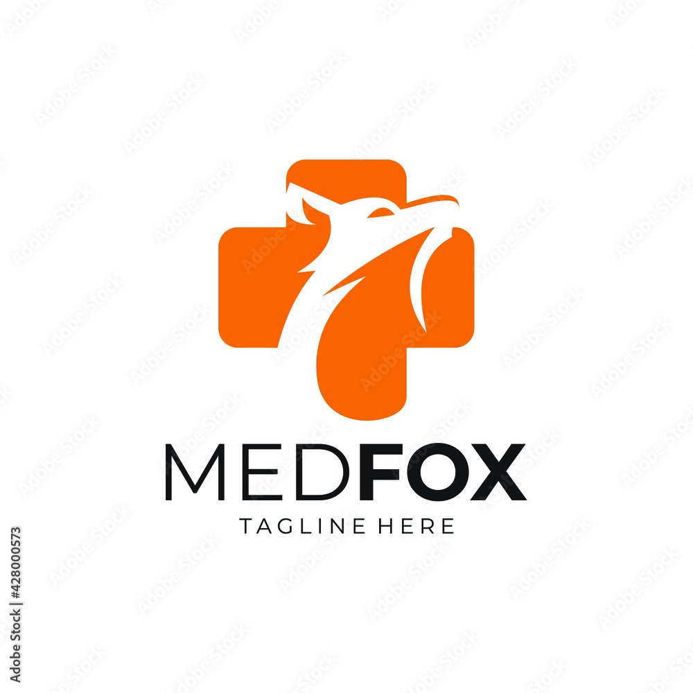 fox in cross sign.animal hospital logo, animal clinic and care center vector.
