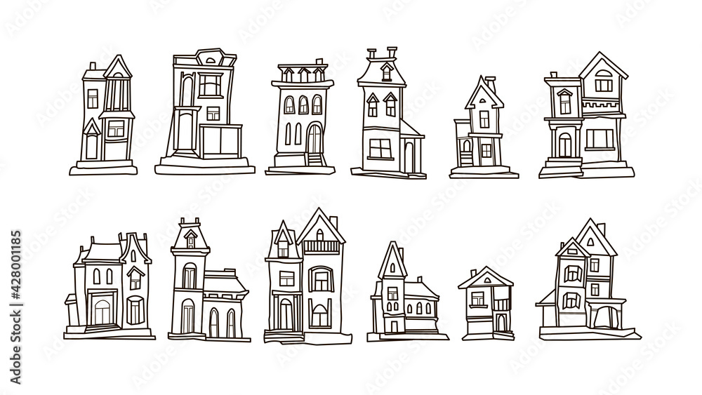 Doodle hand drawn vector set illustrations of simple buildings on a white background. Collection cartoon houses
black and white outline. 