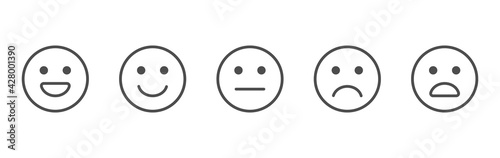Feedback line art icons set. Review emoji reaction. Survey concept. Satisfaction scale. Business service. Consumer opinion. Customer design elements. Communication banner. Vector illustration