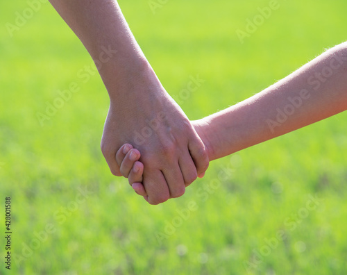 Mother holding a hand of his son in summer day outdoors © nata777_7