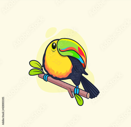 Funny colorful toucan sitting on branch.Bird for design birthday cards,zoo ad,fashion print,stickers,invites,nature concept,children book.Tucan in wild life.South America fauna.Vector illustration.
