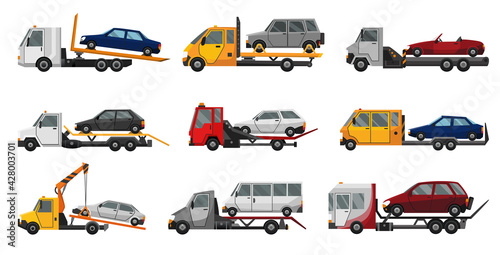 Collection of tow trucks. Flat faulty car loaded on a tow truck. Vehicle repair service which provides assistance damaged or salvaged cars