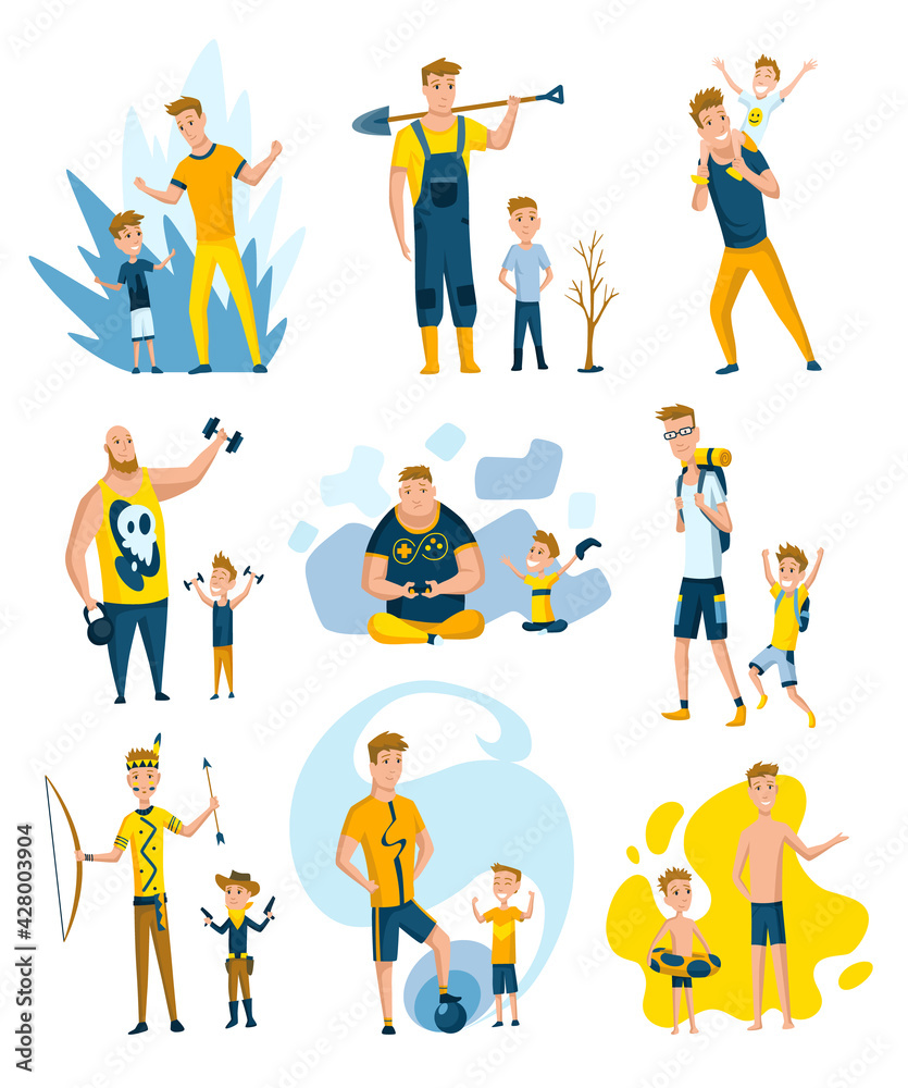 Collection of fathers who spend time with sons. Dads and sons happy family concept. Fatherhood flat cartoon vector illustration. Outdoor activity