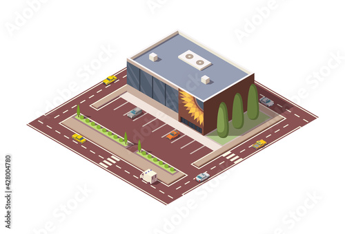 Isometric supermarket or grocery store building and street. Vector isometric icon or infographic element representing mall building with parking lot. 3D shop market for city infrastructure