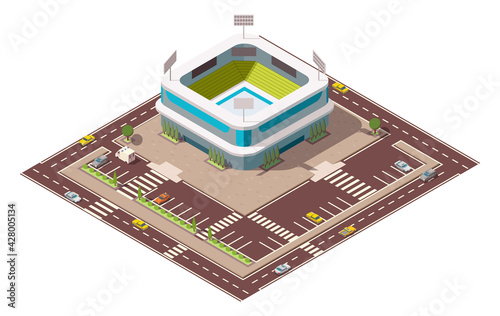 Isometric sport arena. Place for biggest sport competitions. Vector icon or infographic element representing football basketball or hockey stadium with cars and buses on the street