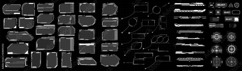 Mega set of futuristic high-tech elements in the style of HUD. Frames, footnotes, sights, buttons in the game style. Modern elements of cyberpunk. Vector illustration