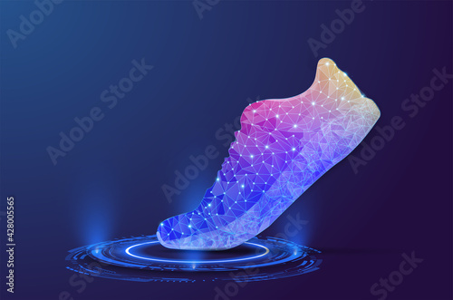 Fitness sneakers shoes. Abstract polygonal light of close up shoes on podiun. Trendy abstract wireframe with blue shoe on blue background. Abstract connection structure. Wireframe vector illustration