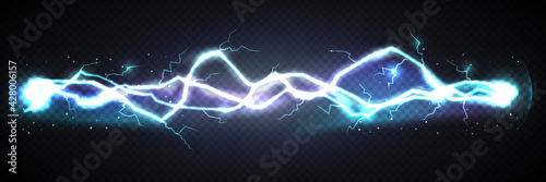 Realistic lightning bolt powerful discharge on dark background. Electric wave from side to side. Thunder shock effect, blazing thunder light strike in darkness. Vector 3d illustration of energy flow