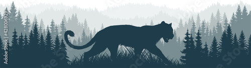 vector mountains forest woodland background texture seamless pattern with Puma, Cougar, mountain lion