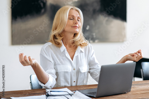 Canvas Print Beautiful successful relaxed mature blonde woman, top manager, broker or freelan