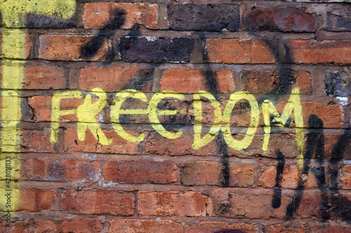 Old Brick Wall with Word Freedom in Yellow Paint 