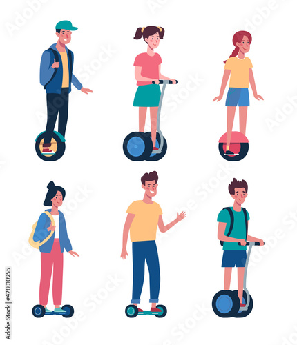 Flat vector collection with kids on electric transport. Children ride gyroboards. .Teenagers, boys and girls ride. Colorful illustration in cartoon style isolated on white background.