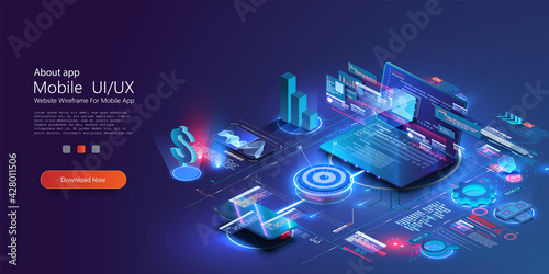 Financial management concept. Application of Smartphone and laptop with business graph and analytics data. Data analysis for the company's marketing decisions or financial indicators. Vector isometric