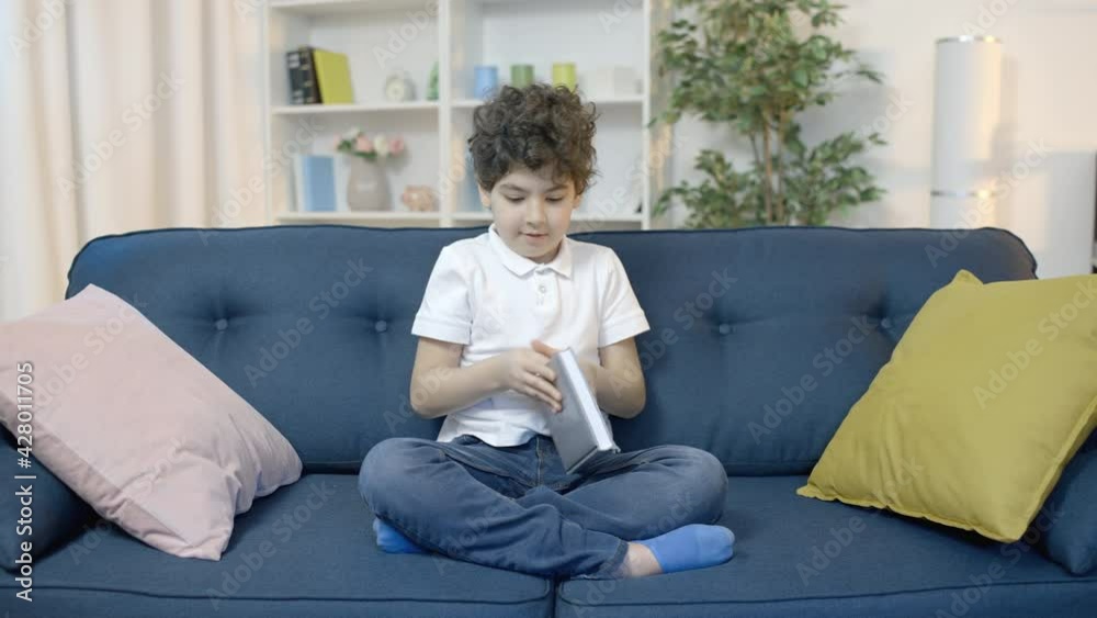Naughty boy pretending to read, caught playing video game on couch, cheating Naughty boy pretending to read, caught playing video game on couch, cheating