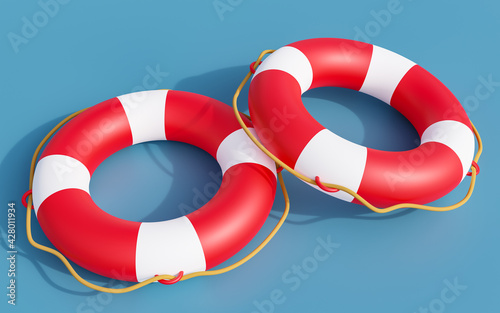 Red Lifebuoys, Lifebelt ,Blue background, Saver,3D illustration.