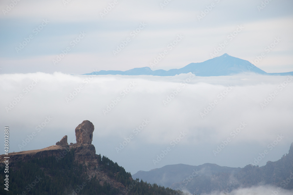 Roque Nublo and El Teide between sea of clouds from Gran Canaria Spain