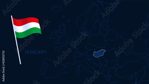 hungary on europe map vector illustration. High quality map Europe with borders of the regions on dark background with national flag.