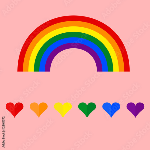 rainbow next to hearts with lgbt color on pink background