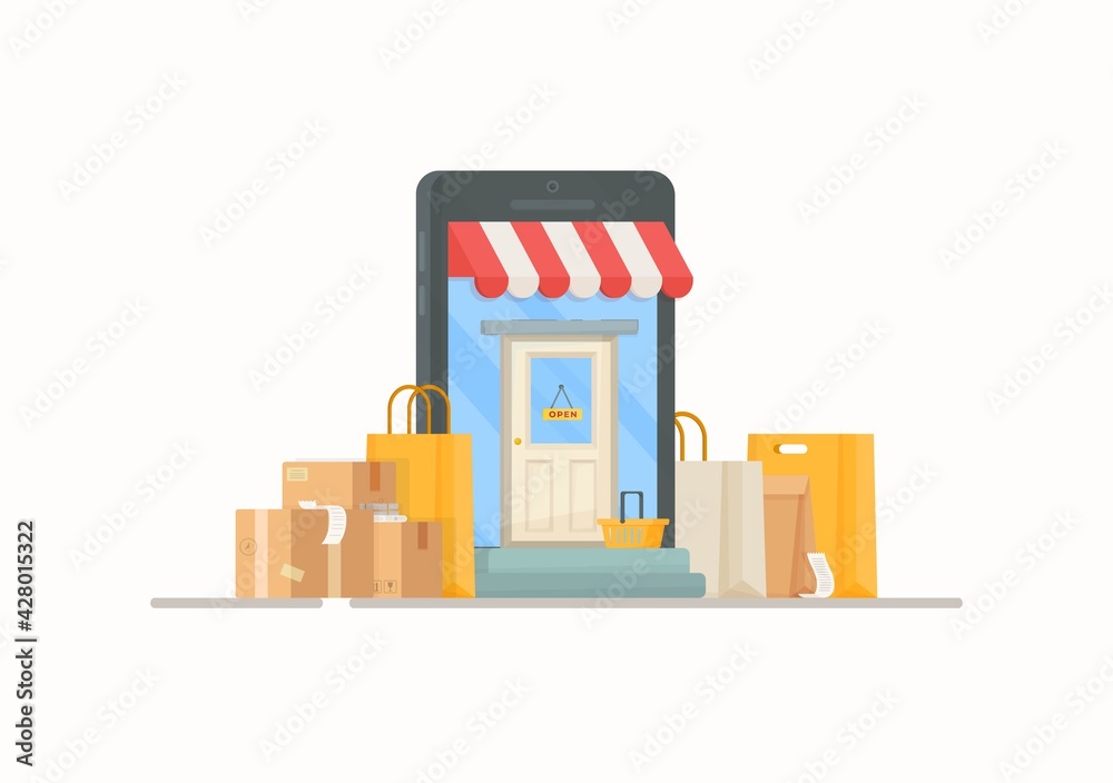 Vector illustration of a post office. Shopping at the grocery store. Drawing of bags and boxes standing at the entrance to the store. Vector illustration of a post office. Shopping at the grocery store. Drawing of bags and boxes standing at the entrance to the store.