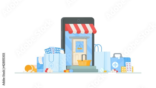 Shopping and ordering from the pharmacy to the hospital. Vector illustration of entering a store with pills and medicine. Online shopping on the Internet.