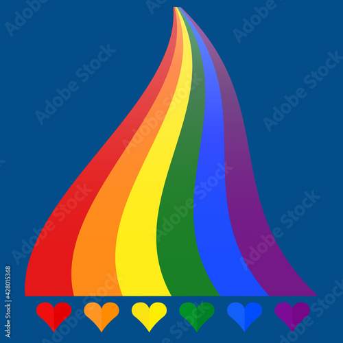 hearts with lgbt colors create rainbow path on blue background