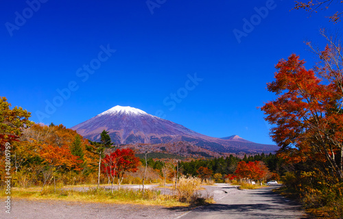紅葉シーズンの富士山、富士宮市の富士スカイライン西臼塚駐車場から見る風景