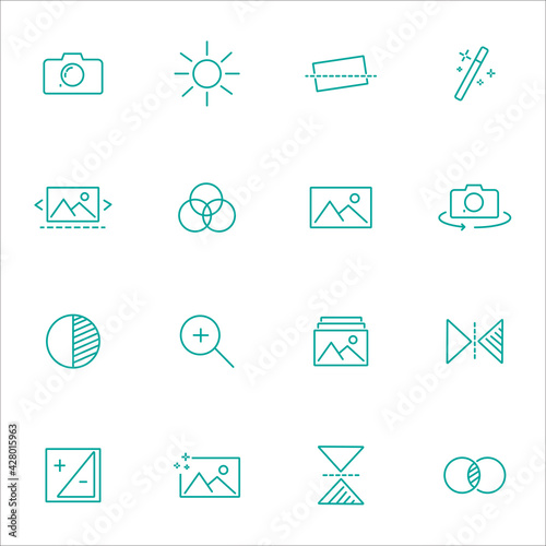Simple Set of Image Editing Related Vector Line Icons. Contains such Icons as Image Gallery, Auto Correction, Adjustments and more.
