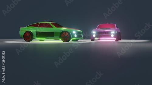 3 Transparent Sports Car Low Poly, Sedan with neon lower in view session, light area background,3D Illustration, 3D Rendering