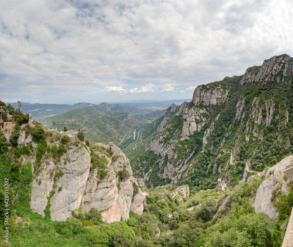 Scenic view towards Llobregat river valley from Montserrat Abbey, Spain.