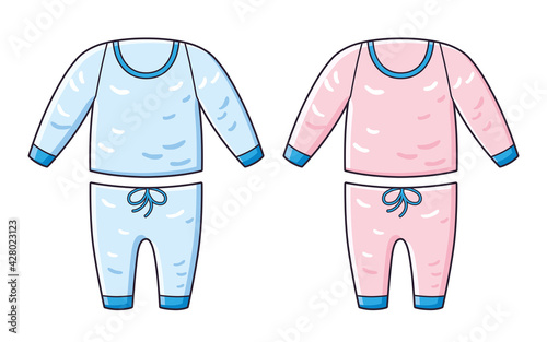 Pink and blue baby clothes pajamas isolated