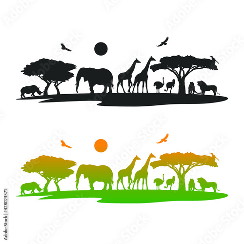 Africa Illustration Clip Art Design Scene. Collection Silhouettes Icon Nature Animals.