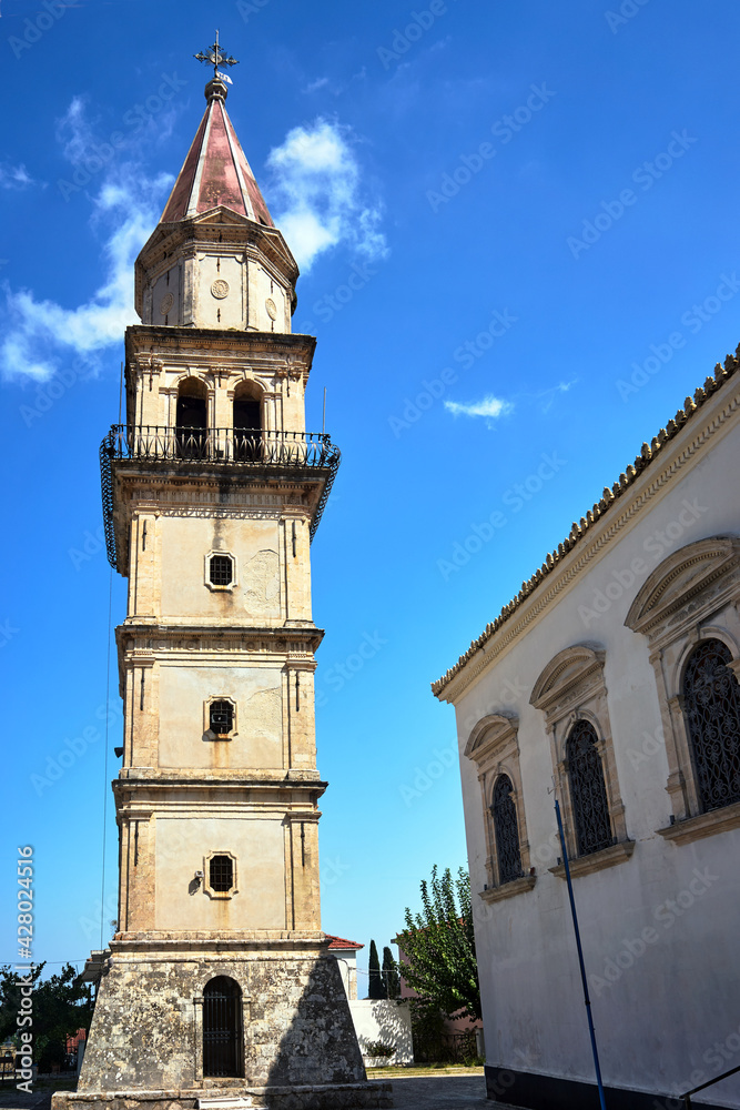 The stone bell tower of the Orthodox Church on the island of Zakynthos